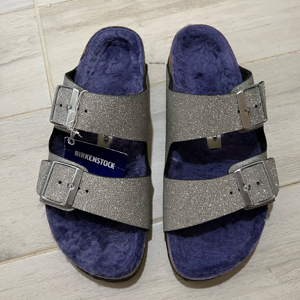 Birkenstock Arizona BS Glitter Dust Silver/Purple Fur Size 39 — US Women’s 8 NWT